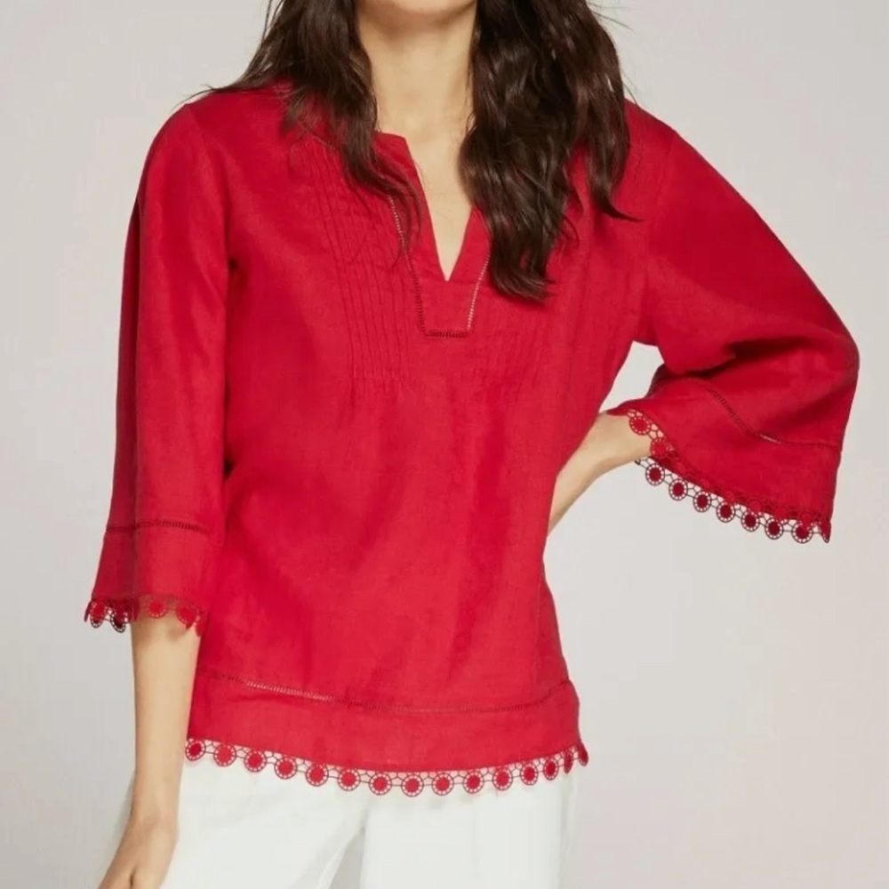 LAUREN RALPH LAUREN Red Linen Bell Sleeve V Neck Top Size Large